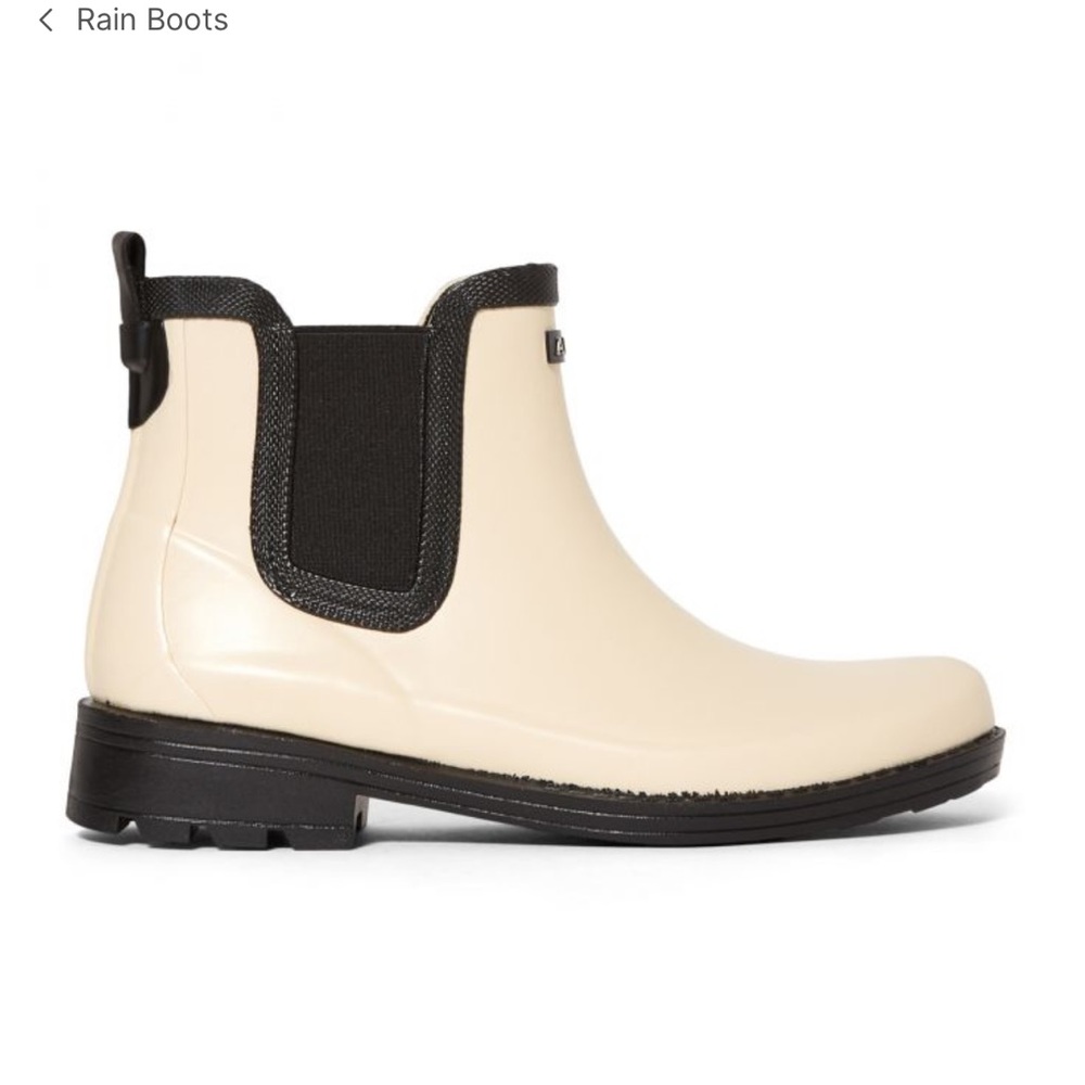 New in box; Aigle brand cream & black trim rain boots. Made in France